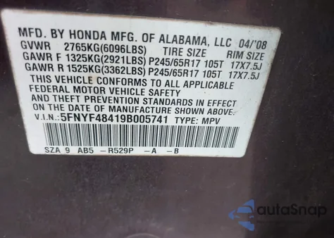 2009 Honda Pilot Ex из США, поврежденный, VIN 5FNYF48419B005741